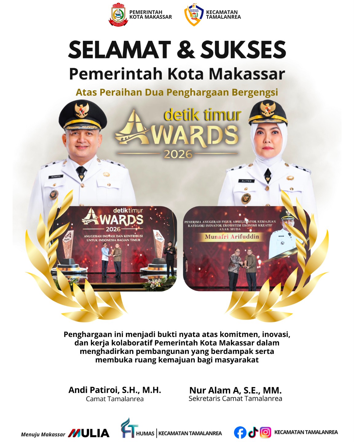 Ucapan Kecamatan Tamalanrea kepada Pemerintah Kota Makassar Detiktimur Awards 2026